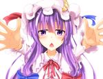  :o blue_bow blue_ribbon blush bow capelet chestnut_mouth commentary_request crescent flask_(pandora) foreshortening frilled_sleeves frills hair_bow hair_ribbon hat hat_ribbon highres long_hair long_sleeves looking_at_viewer mob_cap neck_ribbon open_mouth patchouli_knowledge purple_eyes purple_hair reaching_out red_bow red_ribbon ribbon sidelocks solo touhou tress_ribbon upper_body white_background 
