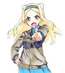  aleksandra_i_pokryshkin animal_ears bear_ears bear_girl blonde_hair blue_eyes brave_witches commentary_request hairband hand_on_hip long_hair military military_uniform open_mouth pointing pointing_at_viewer shiratama_(hockey) solo traditional_media uniform world_witches_series 