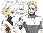  1girl angry bandaged_arm bandages blonde_hair blue_eyes glaring grin korean lillu mercy_(overwatch) overwatch ponytail short_hair sketch smile soldier:_76_(overwatch) translated younger 