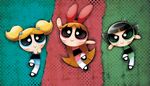  black_hair blonde_hair blossom_(ppg) blue_dress blue_eyes bubbles_(ppg) buttercup_(ppg) dress green_dress green_eyes hair_bobbles hair_ornament long_hair multiple_girls orange_hair pantyhose pink_dress pink_eyes powerpuff_girls robotoco smile twintails 