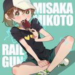  baseball_cap brown_eyes brown_hair casual character_name copyright_name electricity food hat indian_style luo. misaka_mikoto popsicle short_hair sitting solo to_aru_kagaku_no_railgun to_aru_majutsu_no_index 