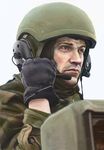  camouflage gloves grey_eyes helmet highres male_focus microphone military original pvtskwerl realistic solo 