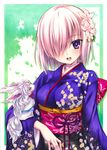  fate/grand_order fate_(series) flower fou_(fate/grand_order) hair_flower hair_ornament hair_over_one_eye japanese_clothes kimono looking_at_viewer marker_(medium) mash_kyrielight open_mouth purple_eyes purple_hair short_hair solo traditional_media yuto_takumi 