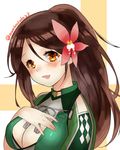  amagi_(kantai_collection) bare_shoulders blush breasts brown_eyes brown_hair cleavage_cutout colored_eyelashes hair_between_eyes hand_on_own_chest kantai_collection large_breasts leaf leaf_on_head long_hair looking_at_viewer mole mole_under_eye open_mouth ponytail remodel_(kantai_collection) ryuuki_(hydrangea) solo 