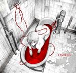  arizuka_(catacombe) ass back barbed_wire bathroom bathtub breasts claw_foot_bathtub cleavage hair_over_one_eye highres large_breasts nipples nude original red_eyes short_hair smile solo white_hair 