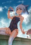  ^_^ absurdres aircraft airplane alternate_costume antennae beach_umbrella blue_eyes blue_hair blush bow cirno closed_eyes cloud competition_school_swimsuit daiyousei day flat_chest green_hair grin hair_bow highres looking_at_viewer multiple_girls one-piece_swimsuit pepsi pouring school_swimsuit short_hair side_ponytail sitting sky smile soda swimsuit thighhighs touhou umbrella v vycma white_legwear wings wriggle_nightbug 
