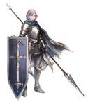  armor cape full_armor highres isono_wataru original polearm shield short_hair silver_hair simple_background solo spear standing weapon white_background yellow_eyes 