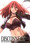 arms_at_sides breasts cleavage crop_top cropped_jacket english green_eyes hair_between_eyes katarina_du_couteau large_breasts league_of_legends light_smile lips long_hair midriff navel parted_lips red_hair scar scar_across_eye smile solo tattoo upper_body yashichii 