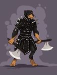  anthro armor axe canine dog growlybeast half-closed_eyes male mammal melee_weapon rottweiler simple_background solo standing weapon 