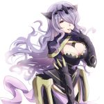  1girl bangs black_gloves breasts camilla_(fire_emblem_if) cleavage cowboy_shot finger_to_mouth fire_emblem fire_emblem_if floating_hair gloves haru_(nakajou-28) headpiece large_breasts leotard long_hair looking_at_viewer nintendo parted_bangs purple_hair red_eyes shiny shiny_hair simple_background sketch smile solo very_long_hair white_background 