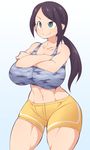  abs bad_id bad_pixiv_id blush breasts crossed_arms green_eyes gym_uniform huge_breasts idolmaster idolmaster_cinderella_girls long_hair midriff muscle navel one_eye_closed ponytail shorts smile solo thick_thighs thighs tight ushi yamato_aki 