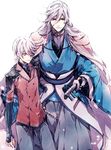  highres horikawa_kunihiro izumi-no-kami_kanesada japanese_clothes katana muku_(pixiv3207772) multiple_boys palette_swap sheath sheathed sword touken_ranbu weapon white_hair 