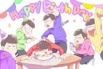  bowl_cut brothers brown_hair cake cellphone food food_on_face grin happy_birthday hat heart heart_in_mouth hood hoodie jitome laughing male_focus matsuno_choromatsu matsuno_ichimatsu matsuno_juushimatsu matsuno_karamatsu matsuno_osomatsu matsuno_todomatsu messy_hair multiple_boys osomatsu-kun osomatsu-san party_hat phone pointing sextuplets shorts siblings simple_background sleeves_past_wrists smartphone smile table v white_background 