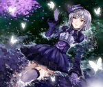  afloat bug butterfly futou_ryouko gloves gothic_lolita hair_down hat idolmaster idolmaster_cinderella_girls idolmaster_cinderella_girls_starlight_stage insect kanzaki_ranko lolita_fashion long_hair mini_hat red_eyes silver_hair solo thighhighs 