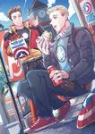  avengers_academy blonde_hair brown_hair casual food jacket jo_(artist) marvel multiple_boys sandwich shield steve_rogers tony_stark 