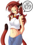  animal_humanoid anthro big_breasts black_stripes breasts brown_hair caribbean_blue cat cat_humanoid cat_tail clothed clothing ear_tuft feline female hair human humanoid inner_ear_fluff long_hair mammal navel pants sageofotherworlds shirt smile solo stripes tina_(caribbean_blue) tuft yuki_(caribbean_blue) 