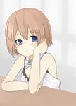  blanc blancpig_yryr blue_eyes brown_hair hand_on_own_chin highres looking_at_viewer neptune_(series) short_hair smile solo table 