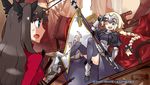  armor black_hair black_legwear blonde_hair capsule_servant fate/apocrypha fate/stay_night fate_(series) flag gauntlets helmet jeanne_d'arc_(fate) jeanne_d'arc_(fate)_(all) kadokawa medori multiple_girls official_art parody toosaka_rin type-moon v 