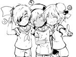  child eyepatch flag greyscale hat male_focus monochrome multiple_boys ookurikara open_mouth pointing rio_(keii16) sailor sailor_hat shokudaikiri_mitsutada shorts smile spoken_flower spoken_squiggle squiggle tattoo touken_ranbu tsurumaru_kuninaga younger 