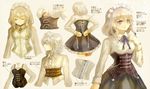  adapted_costume adjusting_clothes blouse blue_dress blue_eyes braid chain character_sheet closed_eyes corset dress from_behind grey_background izayoi_sakuya keiko_(mitakarawa) looking_at_viewer looking_to_the_side maid maid_headdress multiple_views sepia short_dress short_hair silver_hair touhou translated twin_braids upper_body white_blouse 