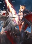  armor artoria_pendragon_(all) artoria_pendragon_(lancer_alter) blonde_hair boots breasts cape cleavage dark_rhongomyniad electricity fantasy fate/grand_order fate_(series) gauntlets highres holding holding_weapon horns horse horseback_riding knee_boots lance large_breasts llamrei_(fate) looking_at_viewer navel pauldrons polearm revealing_clothes riding saddle sheepspear short_hair solo underboob weapon yellow_eyes 