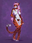  anthro areola breasts ear_piercing feline female growlybeast half-closed_eyes looking_at_viewer mammal navel nipples nude piercing pussy simple_background smile solo standing striped_tail stripes wide_hips 