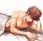  bed_sheet brown_hair free! hand_in_hair hickey high_speed! kirishima_natsuya looking_at_viewer male_focus megumi-square naked_sheet parted_lips red_eyes sheet_grab solo under_covers white_background 