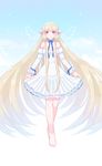  bare_shoulders barefoot blonde_hair blue_ribbon breasts brown_eyes chii chobits cleavage dress full_body highres long_hair looking_at_viewer medium_breasts ribbon saino smile solo white_dress wings 