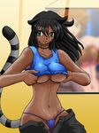  animal_humanoid anthro big_breasts black_hair black_stripes breasts caribbean_blue cat cat_humanoid cat_tail clothed clothing facial_markings feline female green_eyes hair huge_breasts human humanoid kimi long_hair mammal markings open_mouth pants sageofotherworlds shirt smile solo stripes swimsuit 