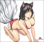  ahri all_fours alternate_costume animal_ears artist_name ass bare_arms bare_legs bare_shoulders barefoot bikini black_hair breasts cal_(pmgdd) collarbone fox_ears fox_tail large_breasts league_of_legends long_hair multiple_tails red_bikini red_eyes side-tie_bikini simple_background smile solo swimsuit tail whisker_markings white_background 