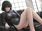  ass bangs bare_legs black_dress black_hair breasts dress fubuki_(one-punch_man) green_eyes impossible_clothes impossible_dress large_breasts legs looking_at_viewer no_panties one-punch_man parted_lips pelvic_curtain short_hair side_slit siraha sitting solo taut_clothes taut_dress thighs 