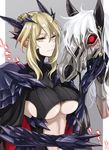  artoria_pendragon_(all) artoria_pendragon_(lancer_alter) banned_artist blonde_hair breasts cleavage fate/grand_order fate_(series) gauntlets horns horse large_breasts llamrei_(fate) looking_at_viewer midriff navel orii_(orii_i) pauldrons short_hair sideboob sidelocks smile solo underboob upper_body yellow_eyes 