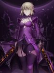  artoria_pendragon_(all) blonde_hair breasts cleavage dark_excalibur dark_persona dual_wielding fate/grand_order fate/stay_night fate_(series) garter_straps gothic_lolita highres holding kakeku lolita_fashion medium_breasts saber_alter solo sword weapon yellow_eyes 