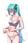 aqua_eyes aqua_hair belly_grab bra breasts cleavage collarbone cowboy_shot grey_panties hand_on_own_stomach hard_translated hatsune_miku highres long_hair navel panties pinching plump solo sports_bra translated twintails underwear underwear_only very_long_hair vocaloid weight_conscious wokada 