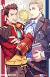  avengers_academy beard blonde_hair book brown_hair casual facial_hair jacket jo_(artist) marvel multiple_boys steve_rogers tony_stark 