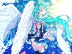 absurdres adapted_costume aqua_eyes aqua_hair argyle back bangs bare_shoulders black_legwear blue_background blurry bokeh boots closed_mouth cowboy_shot cross-laced_clothes depth_of_field detached_sleeves eyelashes feathered_wings feathers floating_hair hair_ornament halterneck hatsune_miku highres long_hair looking_at_viewer petals pomu smile solo thigh_boots thighhighs twintails very_long_hair vocaloid white_wings wings 