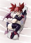  ass blush demon_tail demon_wings disgaea elbow_gloves etna penelope_and_me pillow pointy_ears prinny red_eyes red_hair short_skirt smile solo thigh_boots twintails 