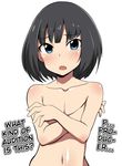  black_hair blue_eyes blush bob_cut covering covering_chest crossed_arms hard_translated highres idolmaster idolmaster_side-m kagura_rei looking_at_viewer male_focus navel nude open_mouth out-of-frame_censoring short_hair simple_background solo tom_(drpow) translated white_background 