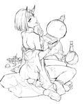  ankle_ribbon asakawa_(outeq) bangs bare_shoulders barefoot barefoot_sandals blunt_bangs blush commentary cup eating fate/grand_order fate_(series) food from_behind fruit full_body gourd grapes greyscale head_tilt horns japanese_clothes jug liquor looking_at_viewer looking_back monochrome off_shoulder oni ribbon sakazuki short_hair shuten_douji_(fate/grand_order) simple_background sitting soles solo white_background yokozuwari 