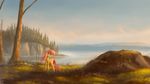  blue_eyes cliff cloud cloudy_sky fluttershy fog forest grass highres hill lake looking_back my_little_pony my_little_pony_friendship_is_magic nature personification pink_hair scenery shamanguli sky tail tree wings 