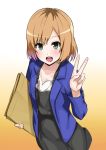  1girl :d blue_jacket blush brown_hair collarbone gradient gradient_background green_eyes holding huyumitsu jacket looking_at_viewer miyamori_aoi open_clothes open_jacket open_mouth overalls shiny shiny_hair shirobako short_hair smile solo standing v 