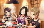  artist_request bare_shoulders beer_mug black_hair blush bracelet brown_hair choker chopsticks closed_eyes earrings eating food green_eyes grill grilling grin ice ice_cube idolmaster idolmaster_cinderella_girls idolmaster_cinderella_girls_starlight_stage jewelry kimura_natsuki long_hair mukai_takumi multiple_girls necklace official_art pendant ponytail restaurant short_hair sleeveless smile stud_earrings studded_bracelet tongs wrist_straps yamato_aki 