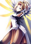  artist_name blonde_hair blue_eyes bodysuit breastplate breasts high_ponytail long_sleeves looking_at_viewer mechanical_halo mechanical_wings medium_breasts mercy_(overwatch) mimelex open_mouth outstretched_hand overwatch pantyhose ponytail power_suit reaching_out short_hair solo swiss_flag watermark web_address wings yellow_wings 