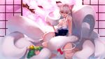  animal_ears bare_shoulders blush breasts cat_ears cherry_blossoms cleavage closed_eyes crusaders_quest green_hair highres kitsune kitsune_yeowoodong large_breasts long_hair mew_(crusaders_quest) multiple_girls multiple_tails nude red_eyes sitting sleeping smile squidsmith sweat tail white_hair 