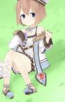  absurdres bare_shoulders blanc blancpig_yryr blue_eyes blush brown_hair fur_trim grass hat highres hill looking_at_viewer neptune_(series) open_mouth short_hair sitting solo 