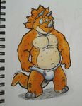  anthro barefoot briefs bulge clothed clothing dinosaur front_view horn krunchycroc male marker_(artwork) musclegut navel nipples pecs scalie signature solo standing topless traditional_media_(artwork) triceratop underwear 