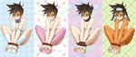  bodysuit bondage bound bound_legs bound_wrists brown_hair feet feet_together hands_on_feet looking_at_viewer monkey_ears multiple_views no_shoes otoi_rekomaru overwatch pasties thighhighs toes tracer_(overwatch) 