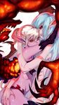  ass_grab black_sclera blue_hair claws crusaders_quest demon demon_girl demona_(crusaders_quest) dual_persona elbow_gloves embers gloves hand_on_another's_head highres hug lips long_hair looking_at_viewer multiple_boys multiple_girls nude pink_skin pointy_ears red_eyes red_skin slit_pupils squidsmith tattoo thighhighs white_hair 