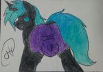  arthropod blue_hair bulge changeling clothed clothing crossdressing hair horn hydro_flare insect kryostasis my_little_pony panties traditional_media_(artwork) underwear 