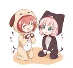  :d ^_^ akaza_akari animal_costume araki495 blush cat_costume cat_tail closed_eyes commentary_request dog_costume dog_tail fake_tail long_sleeves multiple_girls open_mouth paw_pose pink_hair short_hair smile tail tail_wagging yoshikawa_chinatsu yuru_yuri 